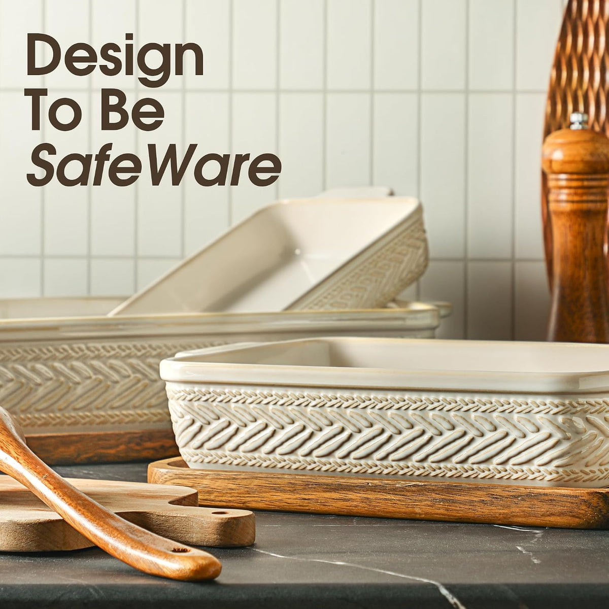 Beige Ceramic Baking Dish Set of 3